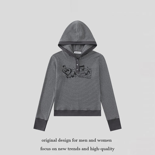 Damen Kapuzen-Henley-Pullover aus leichtem Streifenjersey mit Musik-Print Echoarchiv