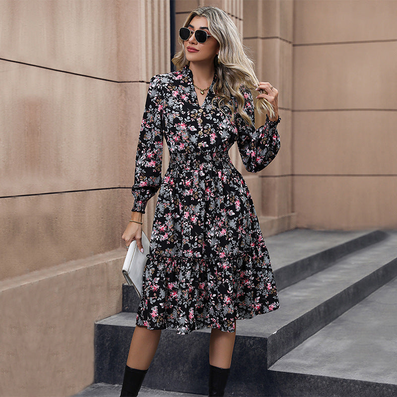 Damen Floral Midi-Kleid mit Taillierung und Puffärmeln Echo Archiv