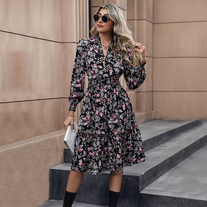 Damen Floral Midi-Kleid mit Taillierung und Puffärmeln Echo Archiv