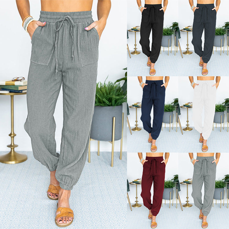Damen nan leichte Leinenoptik Freizeit-Hose mit hohem elastischem Bund, Kordelzug, aufgesetzten Taschen und elastischen Knöchelbündchen Echo Archiv