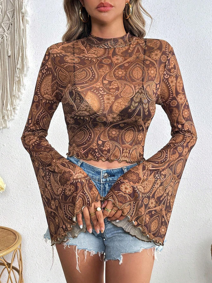 Damen nan transparentes Paisley-Netz-Kurzoberteil mit Stehkragen, Trompetenärmeln und gewelltem Saum Echo Archiv
