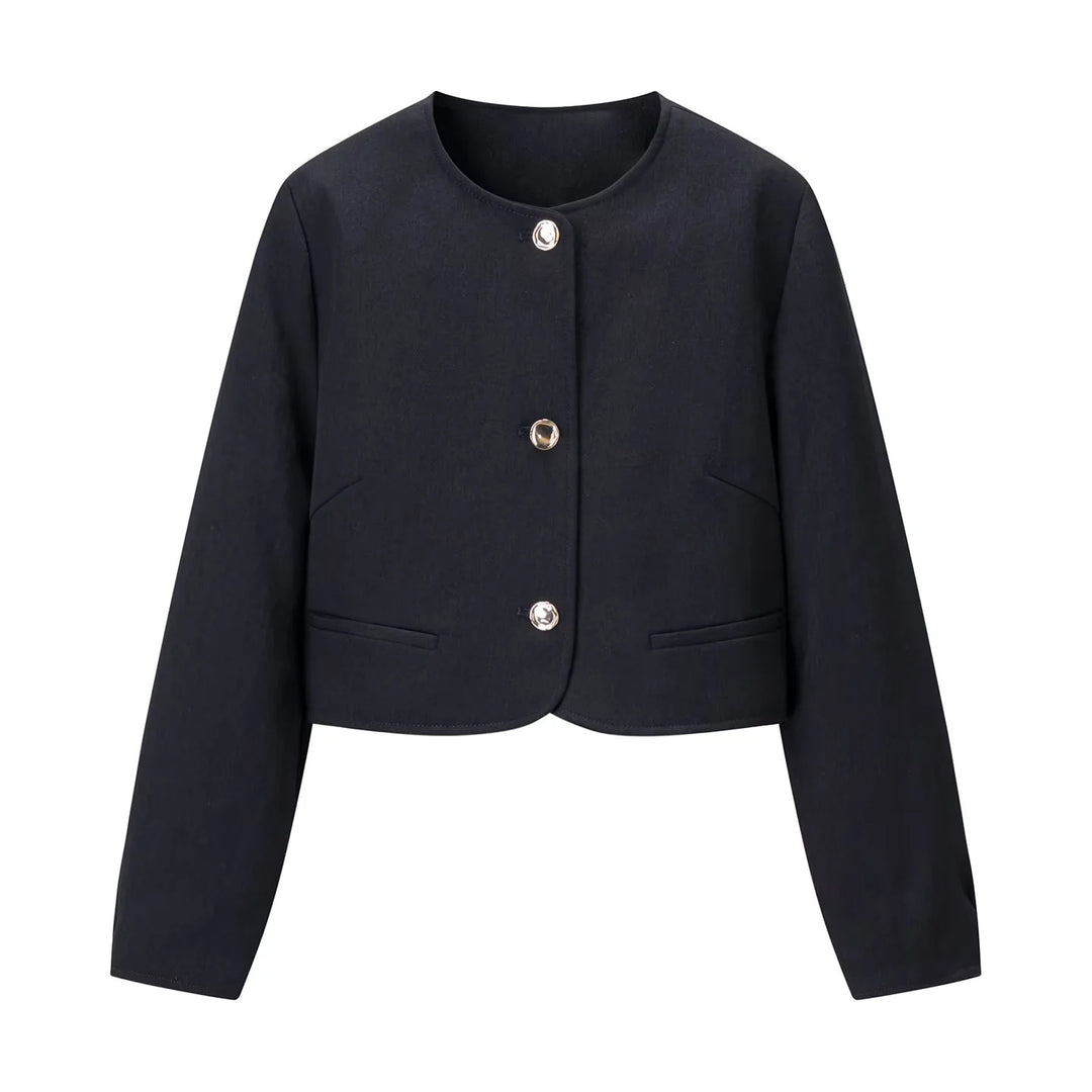 Damen taillierte Kurzjacke mit Rundhalsausschnitt dekorativen Schmuckknöpfen und Leistentaschen – Célinea