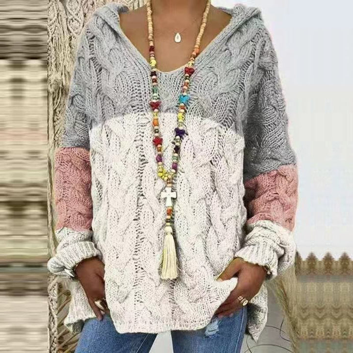 Damen Oversized Zopfmuster-Strickpullover mit Kapuze und lässigem V‑Ausschnitt Echo Archiv