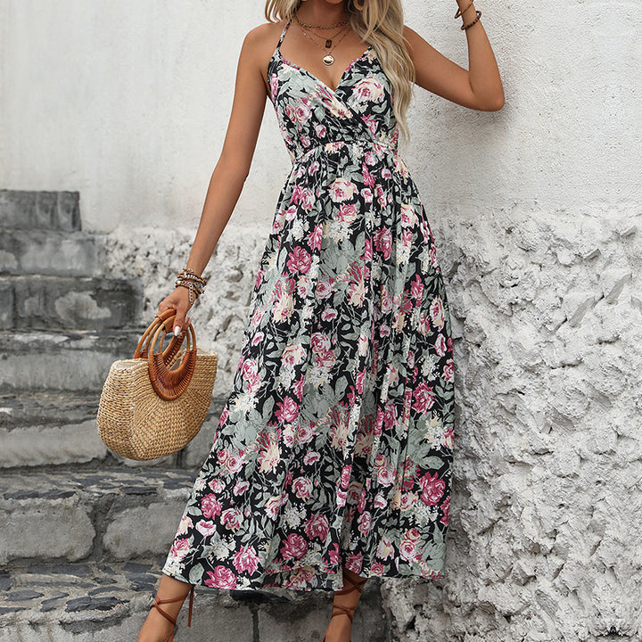 Damen Florales Maxikleid mit Wickel-V-Ausschnitt, Spaghettiträgern und tailliertem Smokbund Echoarchiv