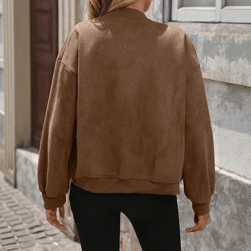 Damen Oversize Wildlederoptik-Bomberjacke mit Brustklappen und Reißverschluss – Avenza