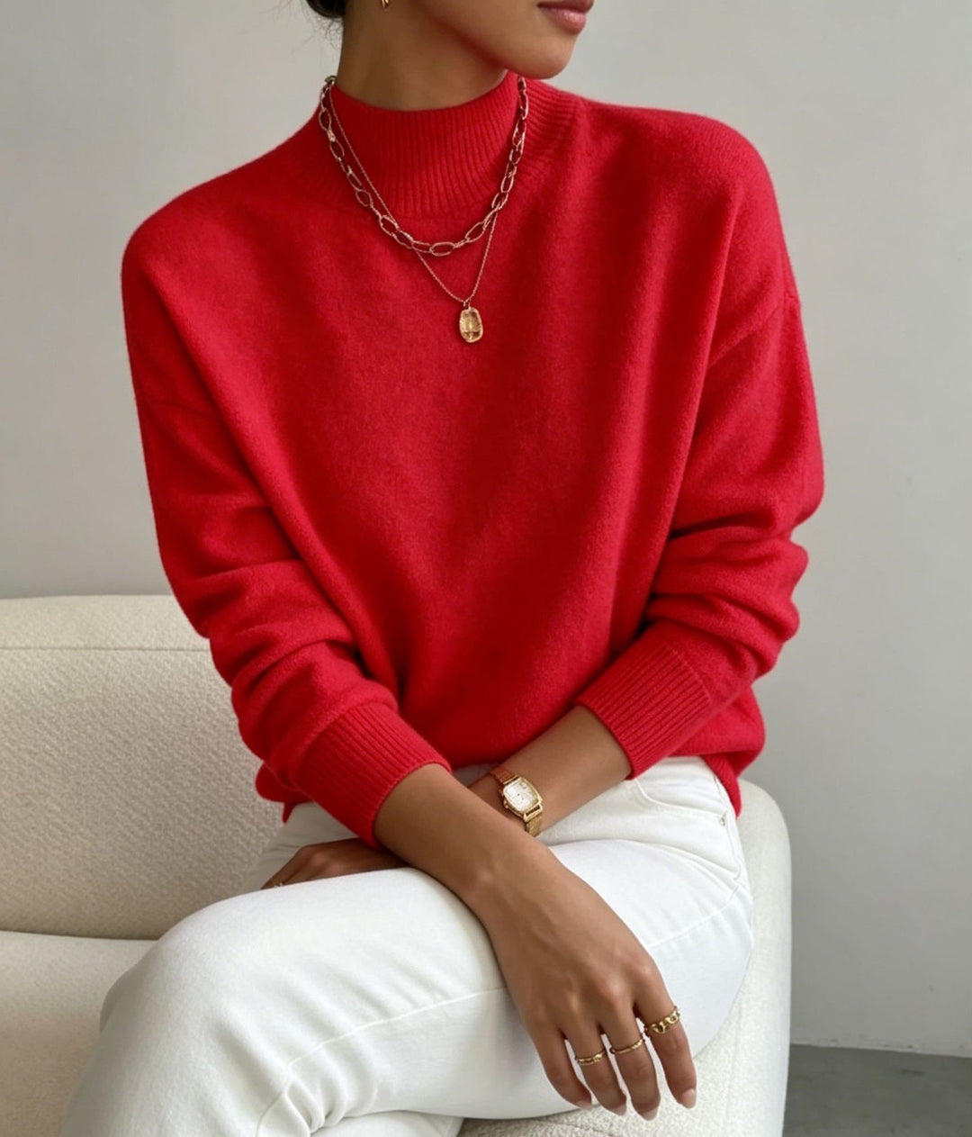 Damen kuscheliger Feinstrickpullover mit Stehkragen und überschnittener Schulter – Mavelle