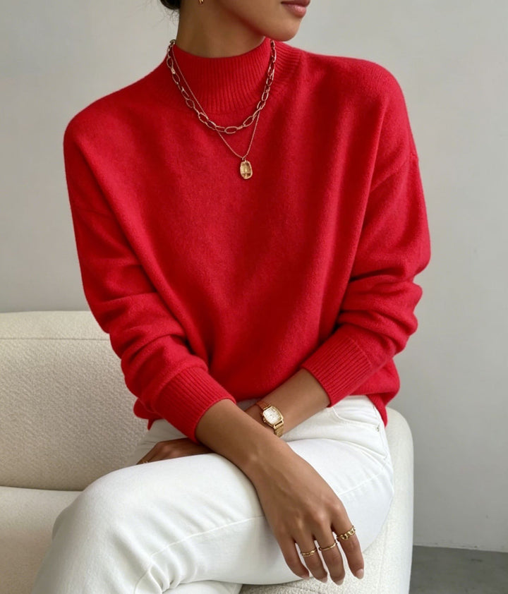 Damen kuscheliger Feinstrickpullover mit Stehkragen und überschnittener Schulter – Mavelle