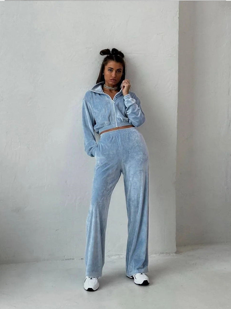 Damen Samt-Loungewear-Set mit kurzem Reißverschluss und geraffter Taillenpartie – Élanora