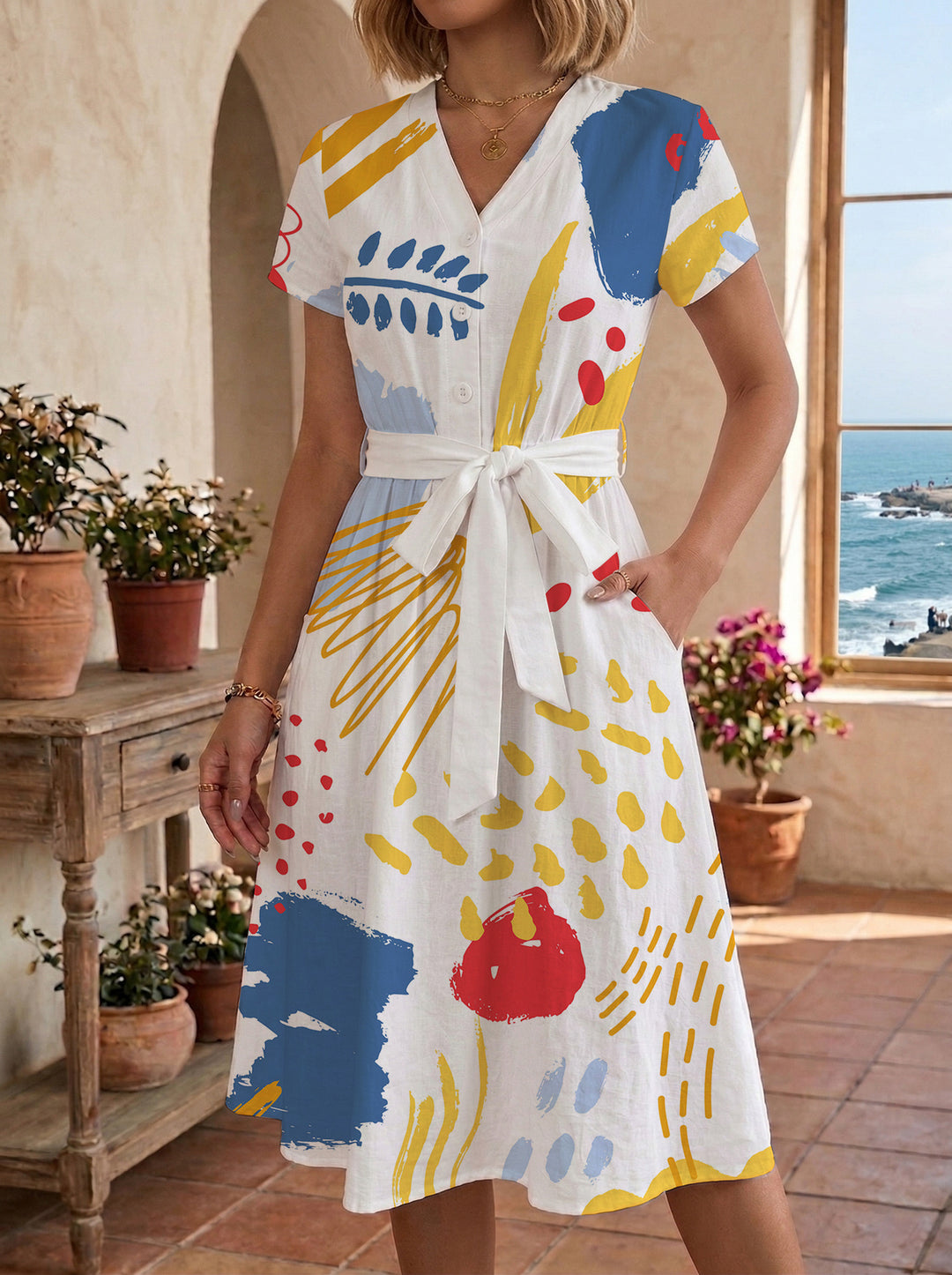 Damen Midikleid mit farbenfrohem Blumendesign und taillierbarem Bindegürtel Echo Archiv