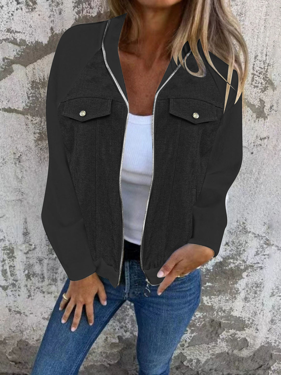 Damen Denim-Mix Blousonjacke mit Reißverschluss und Brusttaschen Echoarchiv