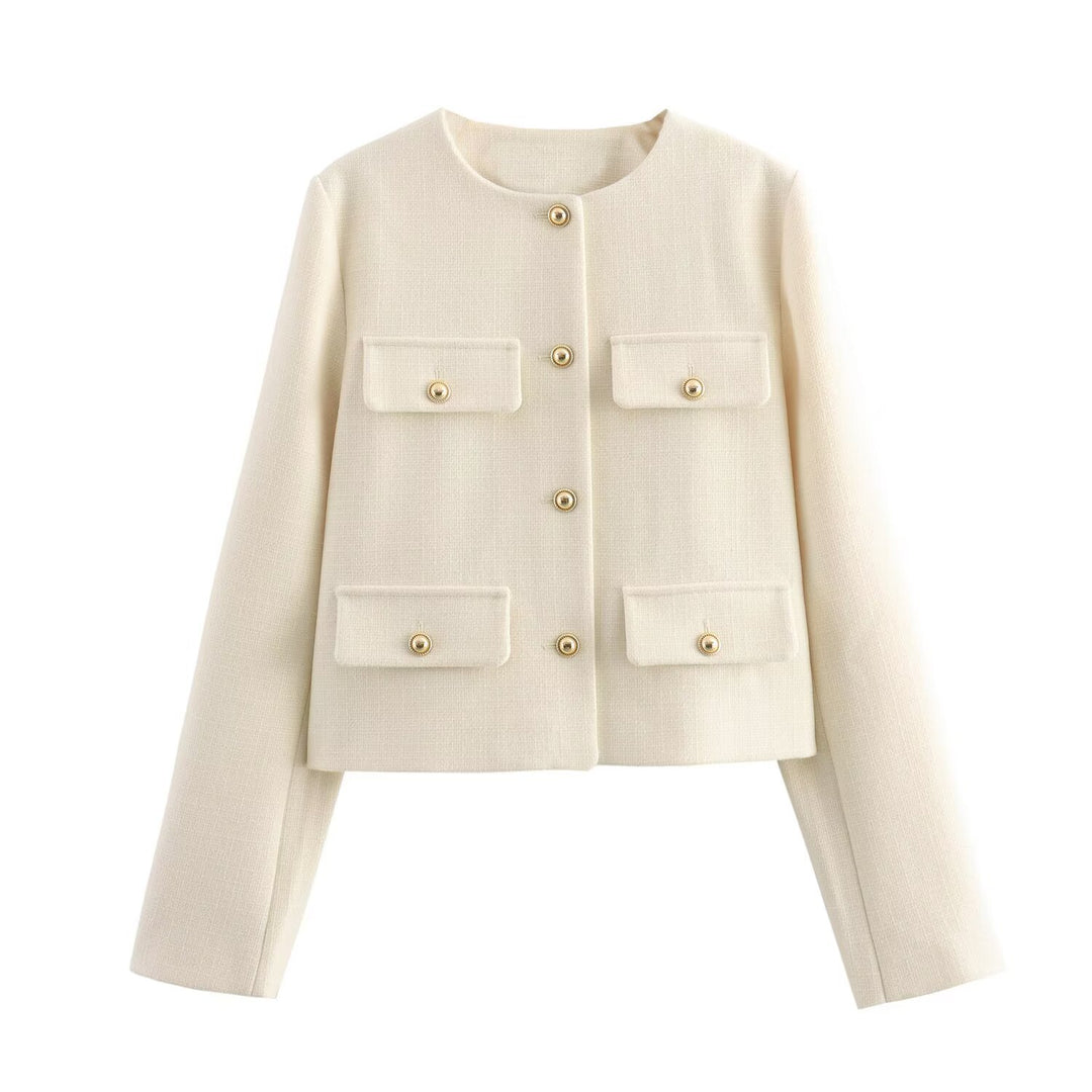 Damen Bouclé-Cropped-Jacke mit vier Pattentaschen und goldenen Schmuckknöpfen Echo Archiv