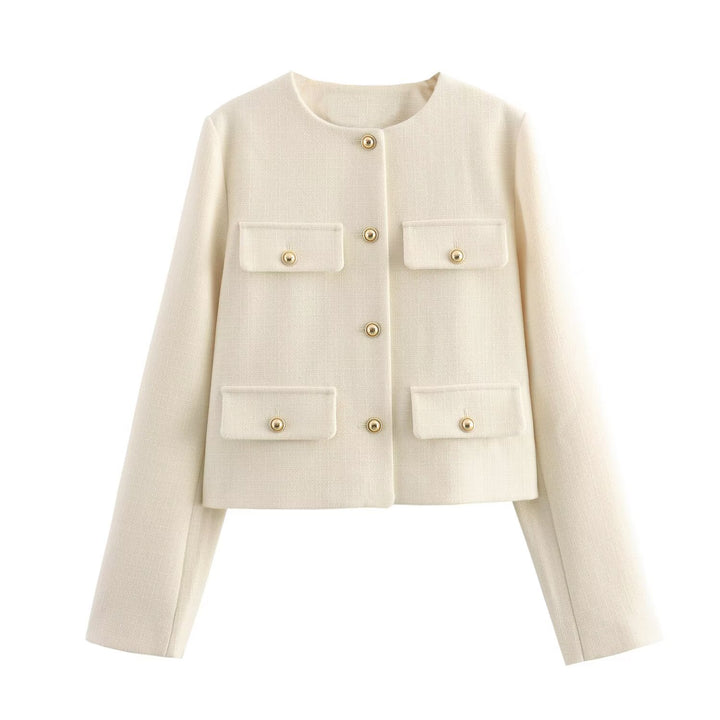 Damen Bouclé-Cropped-Jacke mit vier Pattentaschen und goldenen Schmuckknöpfen Echo Archiv