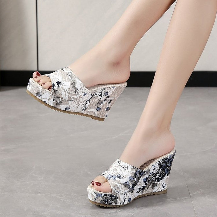 Damen Florale Brokat-Mules mit geflochtenem Jute-Plateau und ergonomischem Komfortfußbett – Sorelia