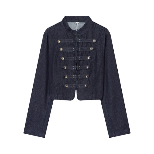 Damen Cropped Denim‑Militärjacke mit Stehkragen und dekorischer Zierknopfleiste Echoarchiv