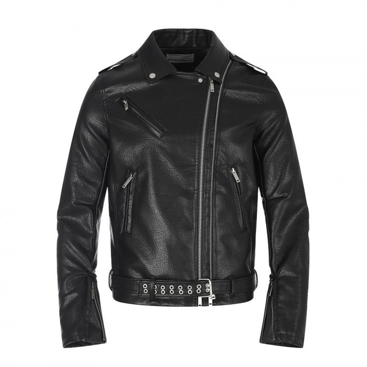 Herren Bikerjacke aus Lederoptik mit asymmetrischem Reißverschluss, Nieten‑Taillengürtel und Reißverschlussärmeln Echo Archiv