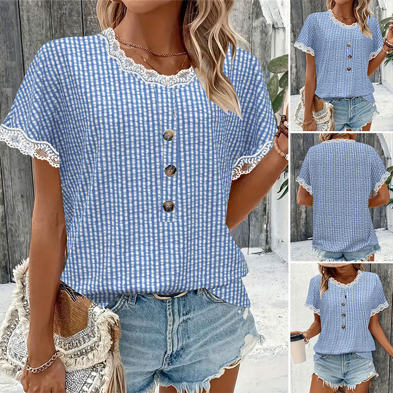 Damen nan kurzärmlige Vichykaro-Bluse mit Spitzenbesatz und dekorativer Knopfleiste Echo Archiv