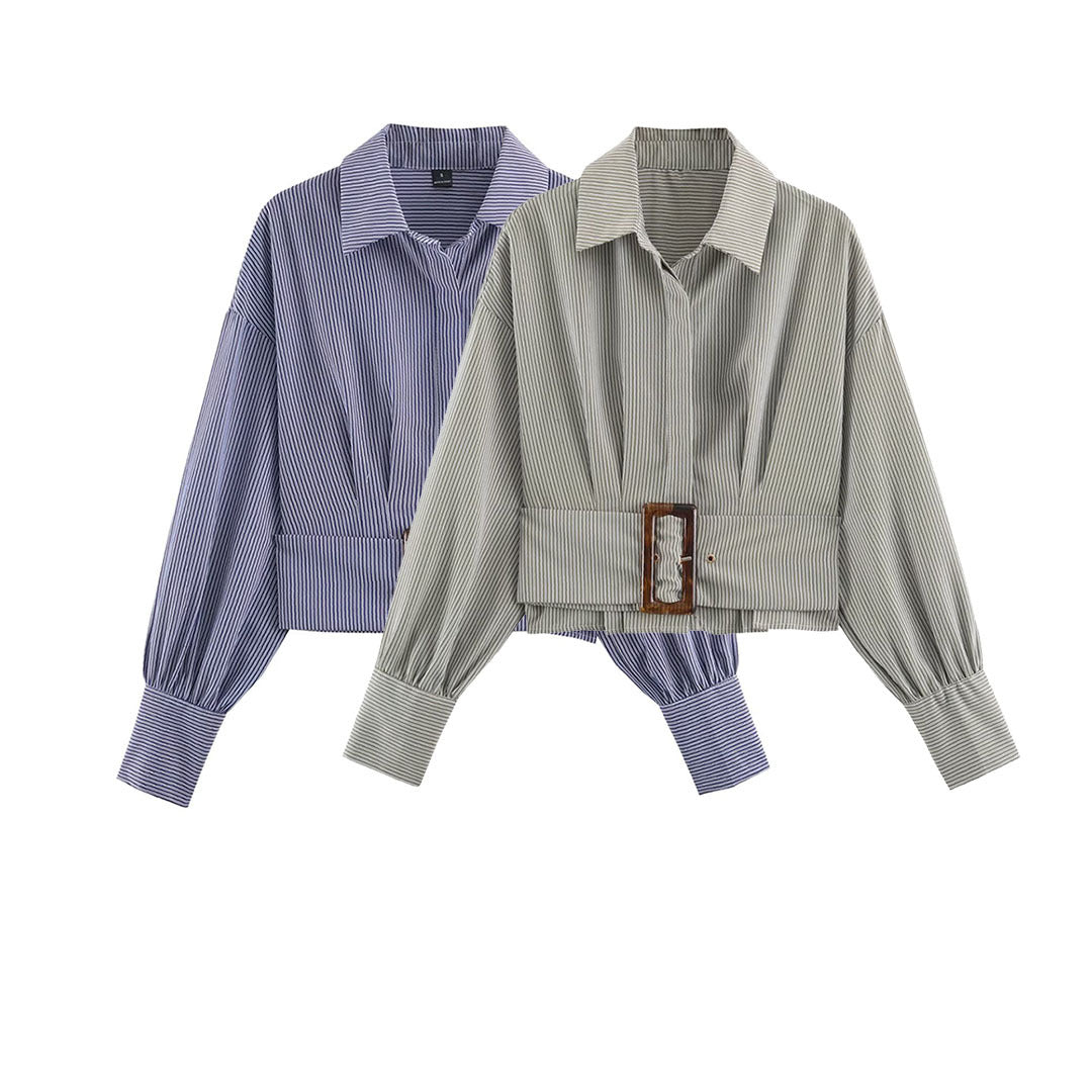 Damen Cropped Hemdbluse mit breitem Taillenriegel und Oversize-Ärmeln Echoarchiv