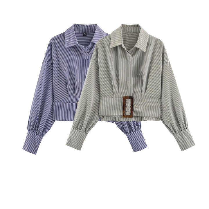 Damen Cropped Hemdbluse mit breitem Taillenriegel und Oversize-Ärmeln Echoarchiv