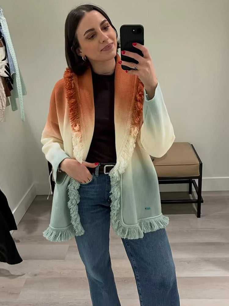 Damen Farbverlauf-Strickcardigan mit Fransen und Schalkragen Echoarchiv
