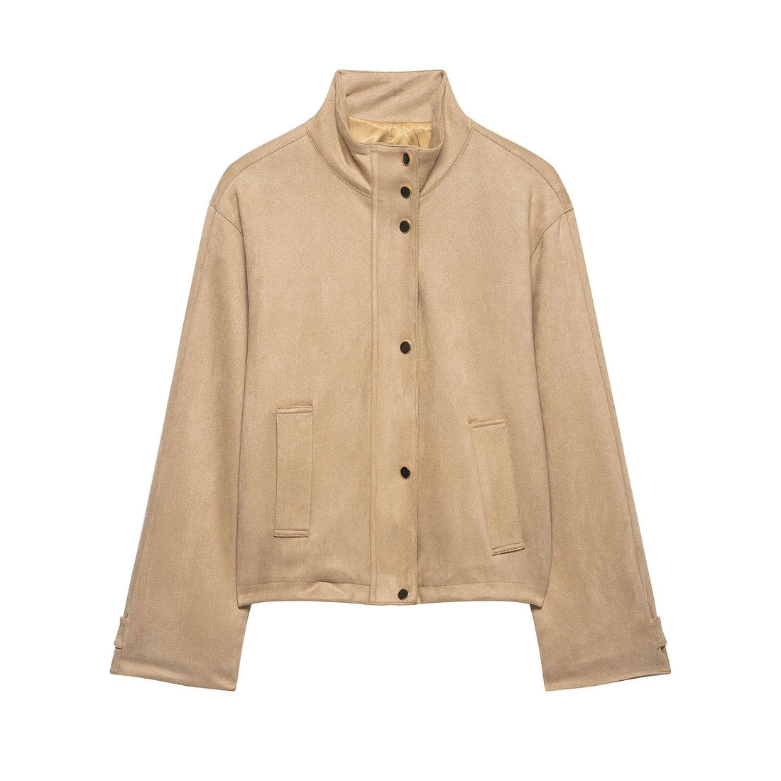 Damen Kurze Boxy-Jacke in Veloursoptik mit Stehkragen und Druckknopfleiste Echoarchiv