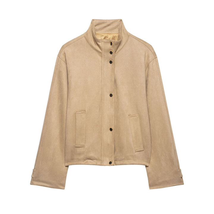 Damen Kurze Boxy-Jacke in Veloursoptik mit Stehkragen und Druckknopfleiste Echoarchiv
