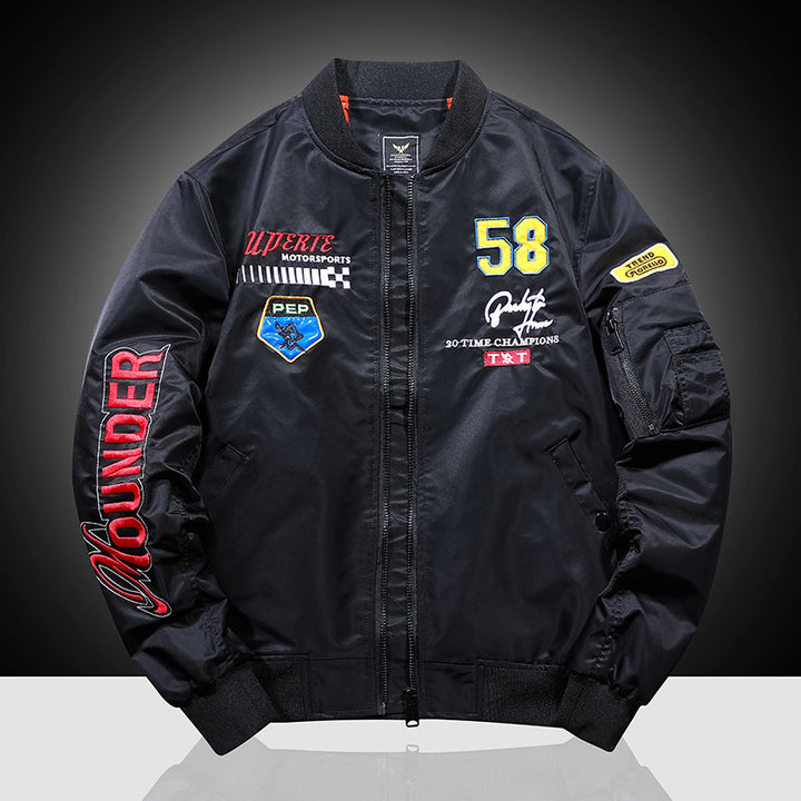 Herren Bomberjacke im Vintage‑Motorsport‑Look mit Ärmel‑Utilitytasche und Patch‑Applikationen – Brevano