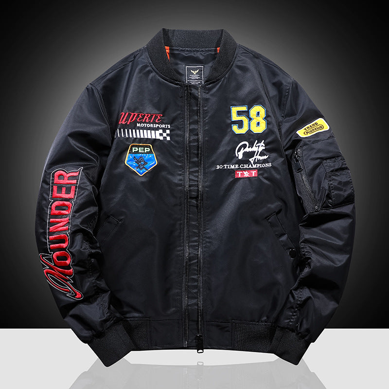 Herren Patchverzierte Piloten‑Bomberjacke aus Nylon mit Ärmeltasche und Rippbündchen Echoarchiv
