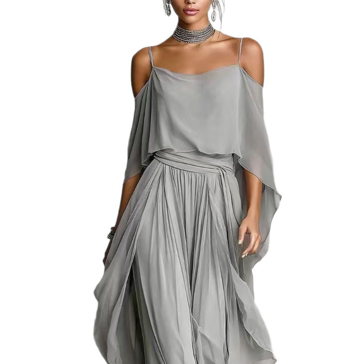 Damen Lange Chiffon Maxi Kleid mit Kaltem Schulter, Spaghetti-Träger und Geschichtetem Cape – Valéora