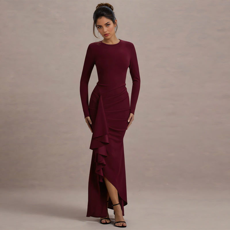 Damen Elegantes Abend-Maxikleid mit langen Ärmeln, figurbetonter Silhouette und seitlichem Volant – Avérine