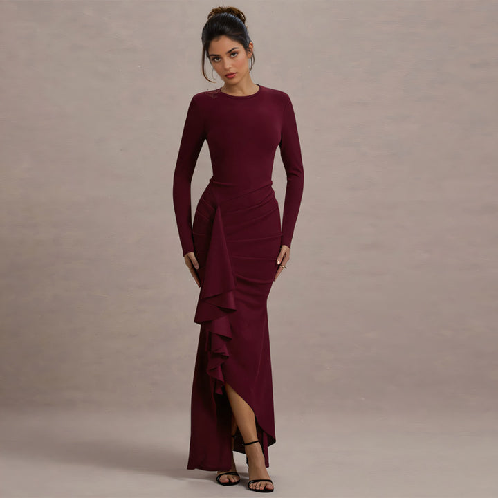 Damen Elegantes Abend-Maxikleid mit langen Ärmeln, figurbetonter Silhouette und seitlichem Volant – Avérine