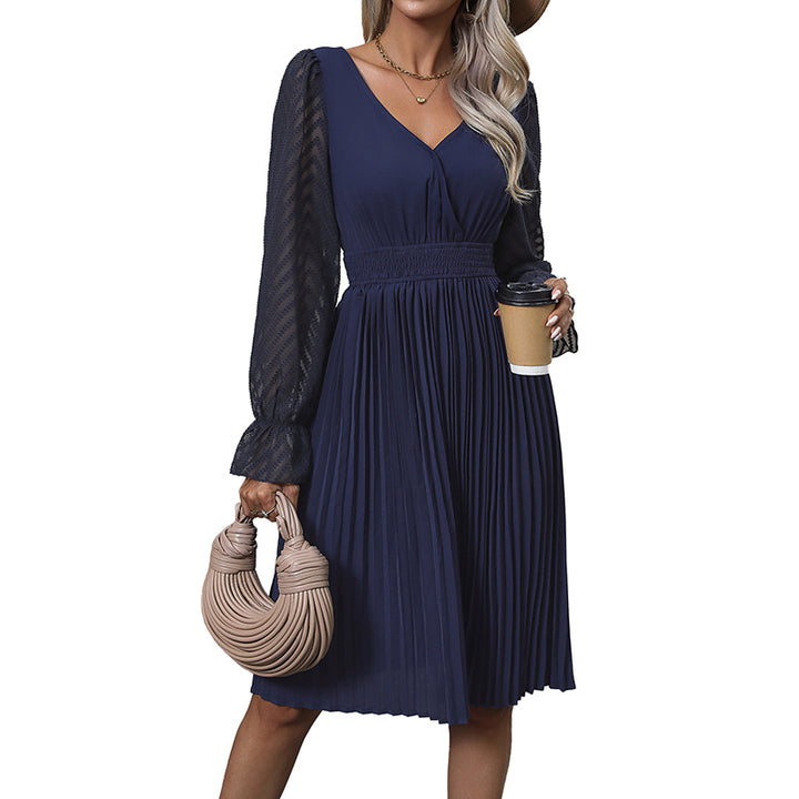 Damen Elegant-geschnittenes Plissee-Midikleid mit V-Ausschnitt, Elastischem Taillenpanel und Transparenter Jacquard-Ärmel Echoarchiv