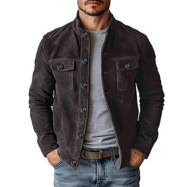 Herren Veloursleder-Fieldjacke mit Stehkragen, Pattentaschen und figurbetonter Schnitt Echoarchiv