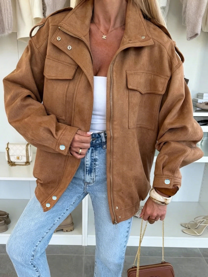 Damen Oversized Jacke in Wildleder-Optik mit Brusttaschen und Epauletten Echoarchiv