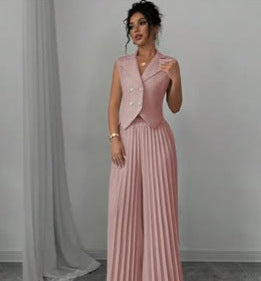 Damen Ärmelloses Weste-Blazer-Top mit Revers und plissierter Palazzo-Hose Zweiteiliges Abendset – Valéne