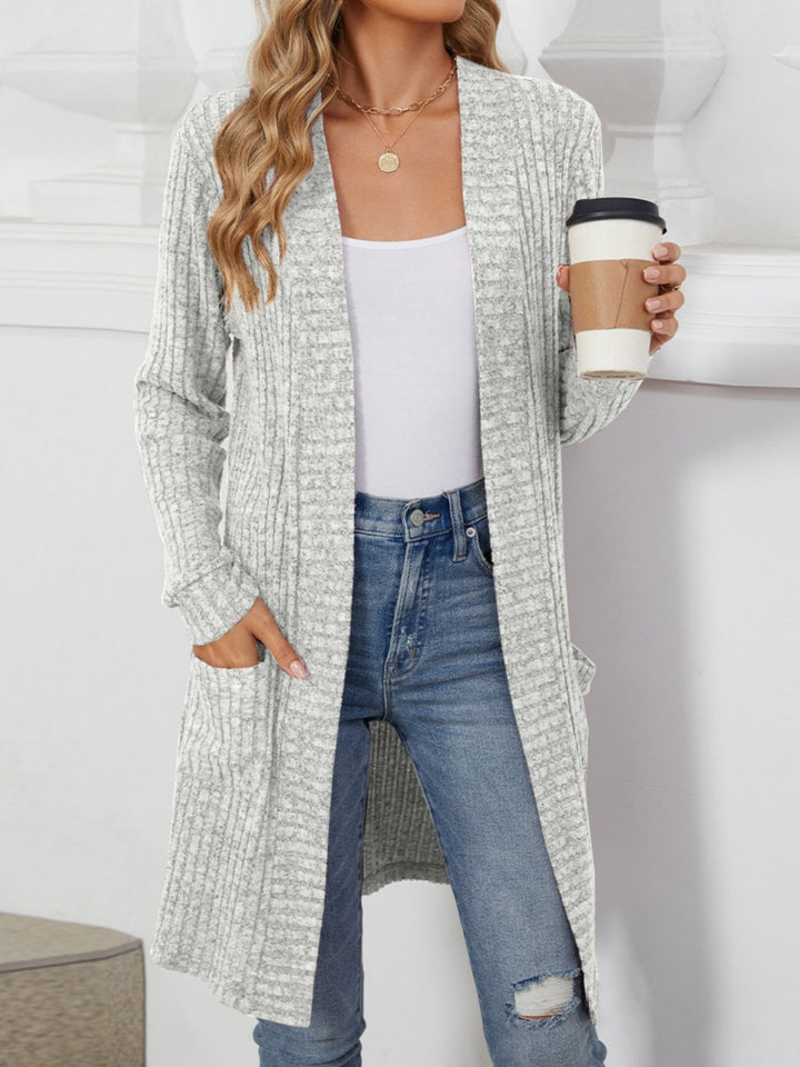 Damen Longcardigan aus geripptem Chenille mit aufgesetzten Taschen – Veloura