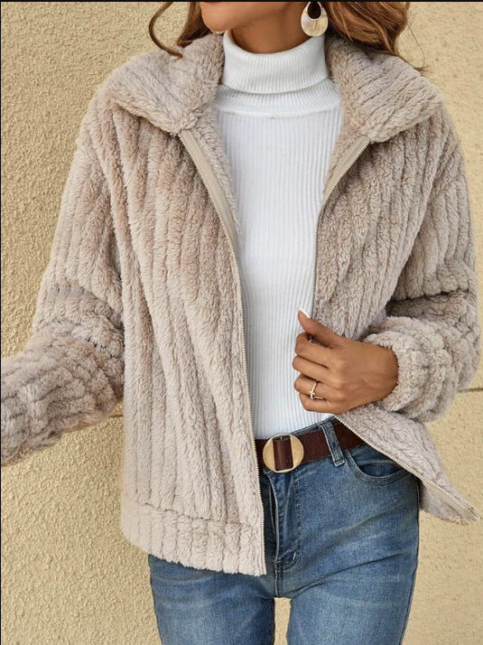 Damen nan kuschelige Teddyjacke mit durchgehendem Reißverschluss, Stehkragen und Eingrifftaschen Echo Archiv