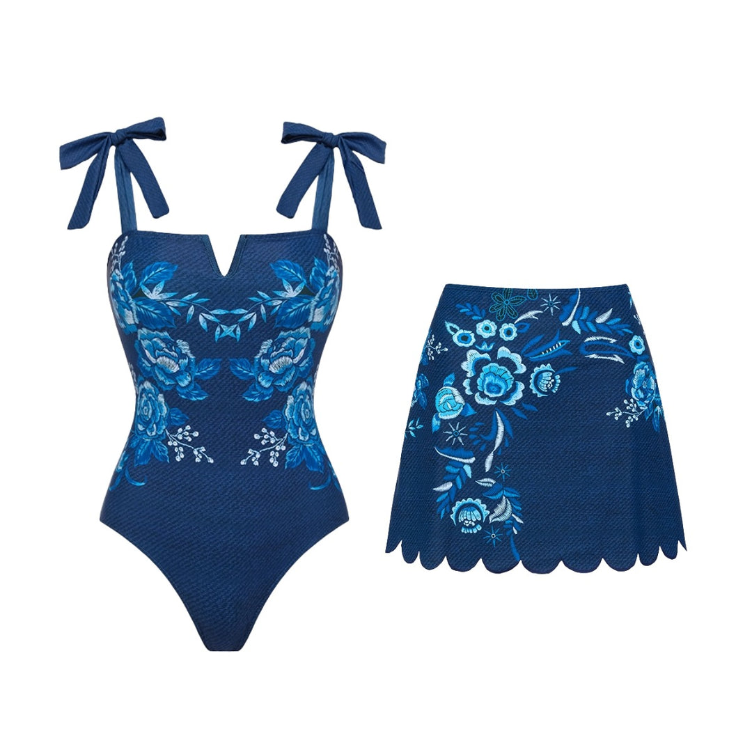 Damen V-Ausschnitt Badeanzug mit verspielten Schleifen und floralen Stickereien Echo Archiv