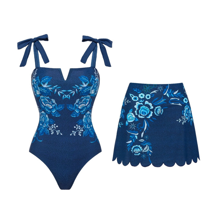 Damen V-Ausschnitt Badeanzug mit verspielten Schleifen und floralen Stickereien Echo Archiv
