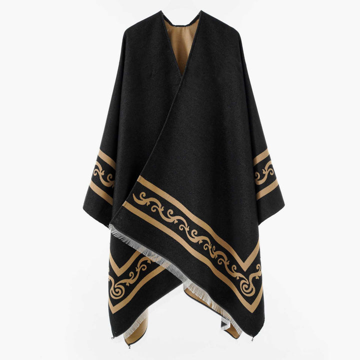 Damen Oversize-Cape mit geometrischem Jacquard und Fransensaum – Avérine