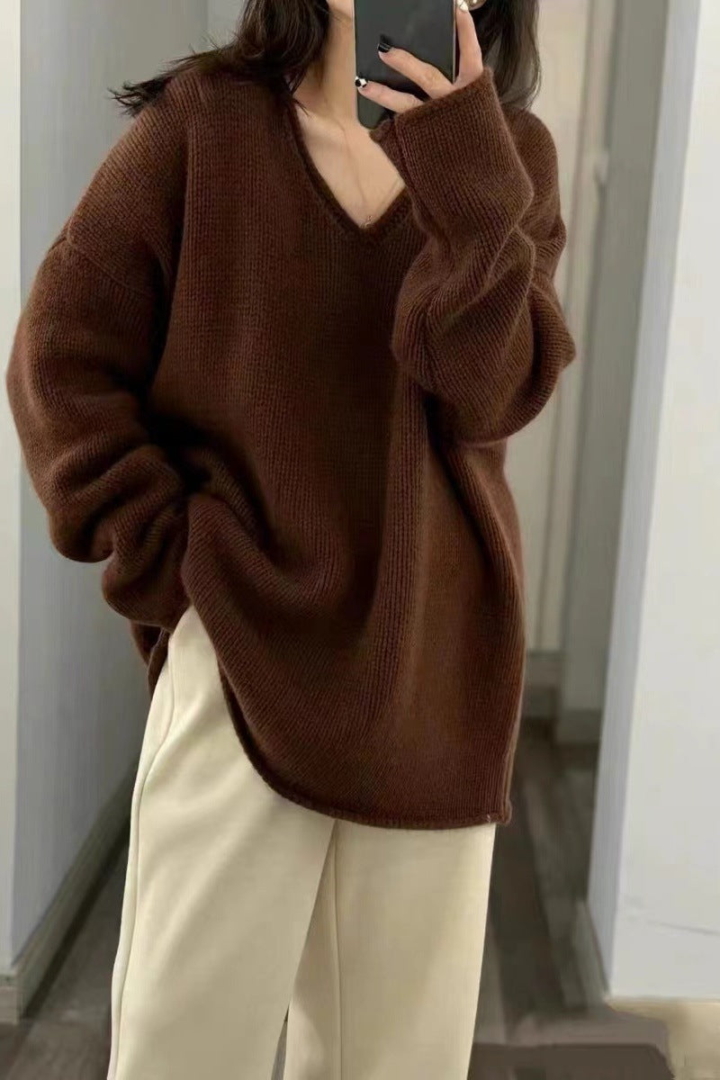 Damen Oversize V‑Ausschnitt Pullover im Mohair‑Look mit überschnittener Schulter und gerundetem Saum Echoarchiv