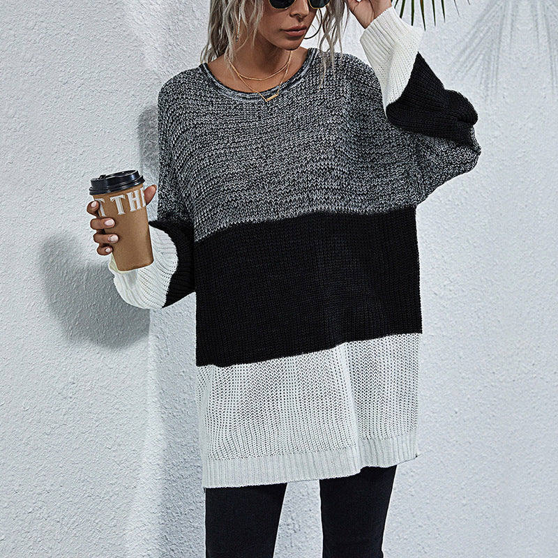 Damen Longline-Grobstrickpullover mit Farbbalken, Rundhalsausschnitt und leicht überschnittener Schulter Echoarchiv