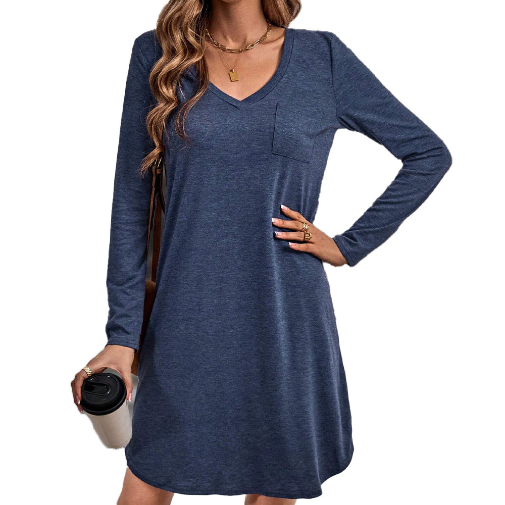Damen lässiges Jersey-Kleid mit V-Ausschnitt Brusttasche und legerer A-Linie – Lunéa