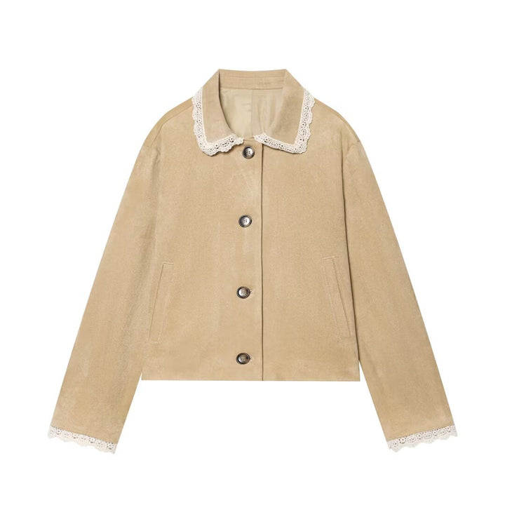 Damen Kurzjacke in Wildlederoptik mit gehäkeltem Kragen und Spitzenbesatz Echo Archiv