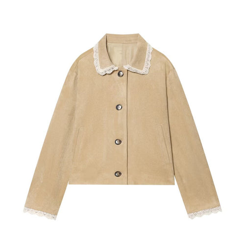 Damen Kurzjacke in Wildlederoptik mit gehäkeltem Kragen und Spitzenbesatz Echo Archiv