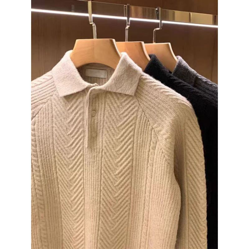 Herren Feinstrick-Polopullover mit halber Knopfleiste und Zopfmuster Echoarchiv