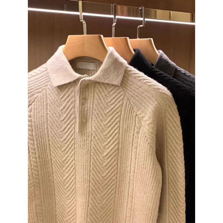 Herren Feinstrick-Polopullover mit halber Knopfleiste und Zopfmuster Echoarchiv