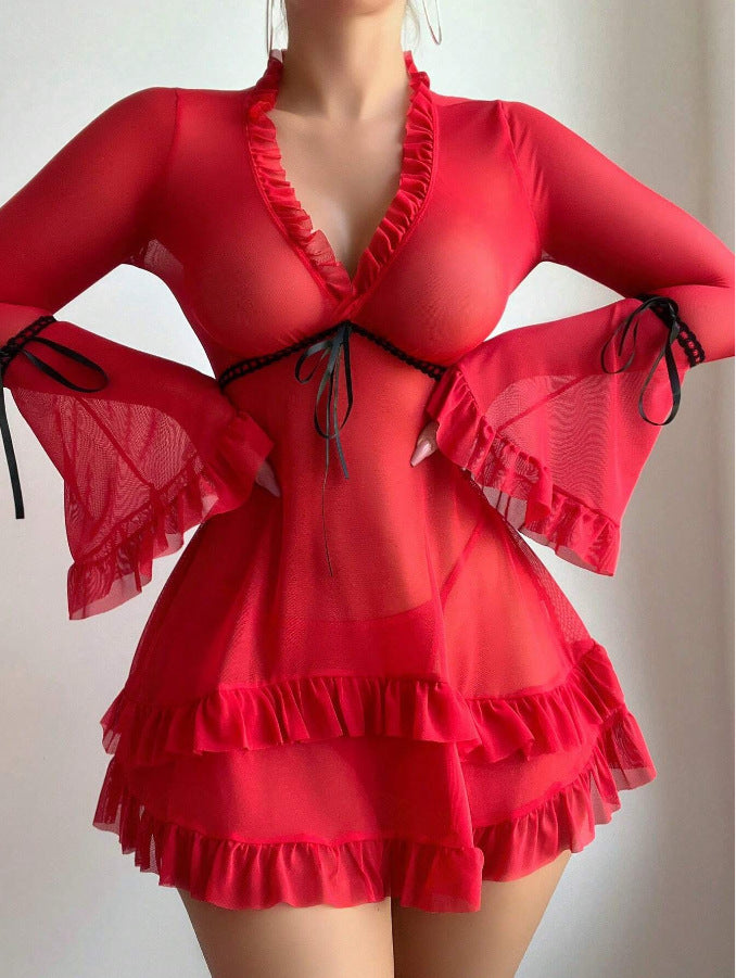 Damen transparentes Strandkleid mit voluminösen Rüschen und langen Ärmeln Echo Archiv