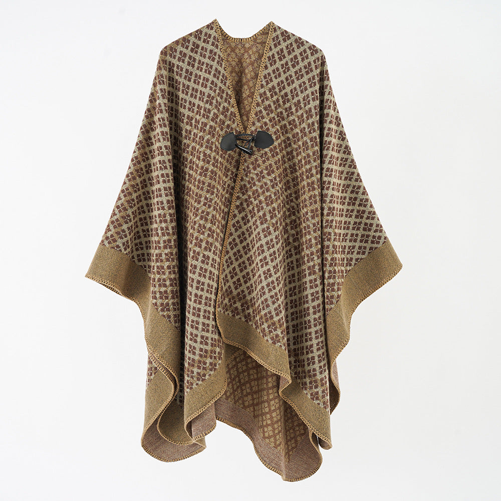 Damen Wollmischung Poncho mit Jacquard‑Muster und Knebelverschluss – Avérine