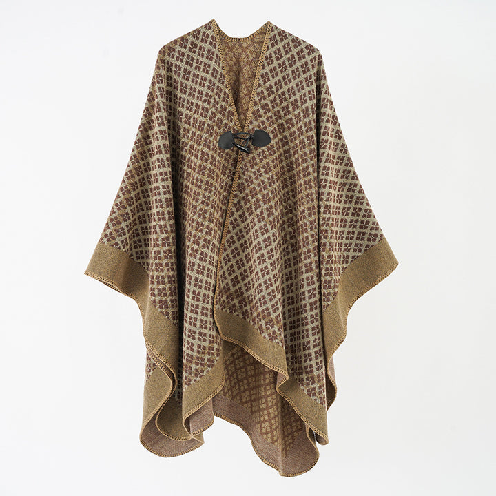 Damen Wollponcho mit geometrischem Karomuster und Knebelverschluss Echo Archiv