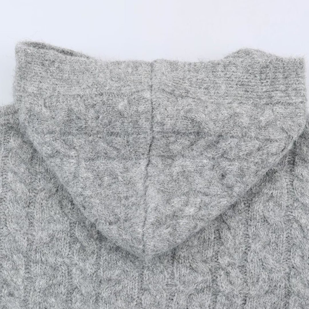 Damen Langgestrickter Kapuzen-Cardigan mit Zopfmuster und Knopfleiste Echoarchiv
